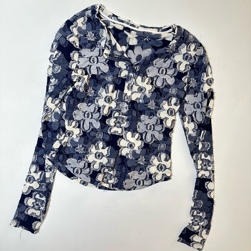 Pilcro Navy and Cream Floral Long Sleeve Top